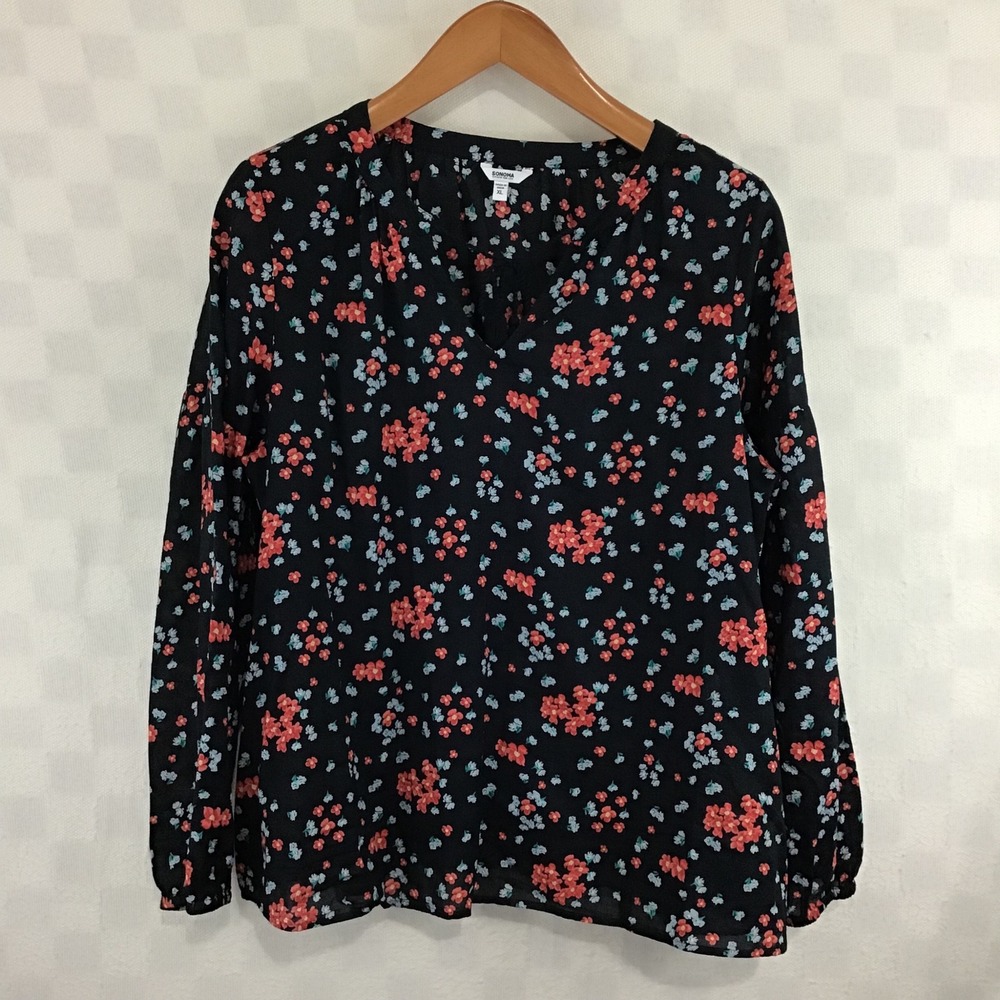 Sonoma Womens XL Black Floral Cotton Peasant Blouse Tassel Tie